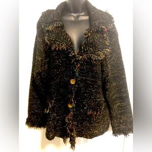 roz&Ali 2X Woman multicolored shawl collar sweater. Heavier weight.Fringe detail